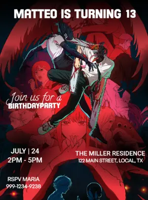 Editable Chainsaw Man Birthday Invitation for Anime Fans