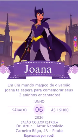Convite de Aniversário Super-Heroína Roxa Editável
