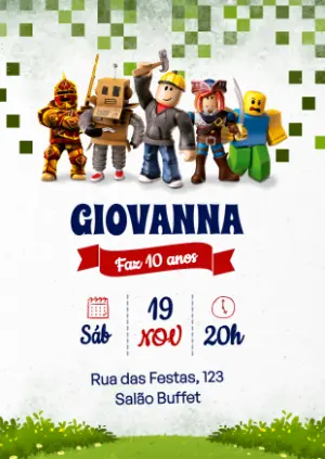 Convite de Aniversário Roblox com Personagens para Editar