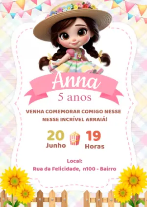 Convite Aniversário Festa Junina Menina Caipira para Editar Online