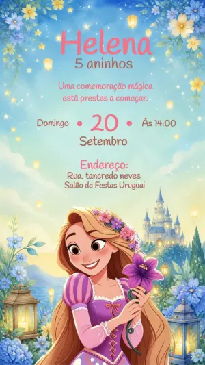 Convite de Aniversário Rapunzel Editável para Festa Mágica