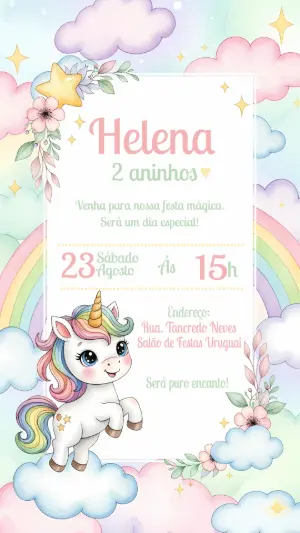 Convite de Aniversário Unicórnio Fofo para Editar Online