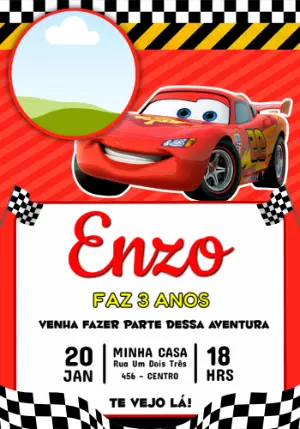 Convite Digital Aniversário Carros Relâmpago McQueen Editável