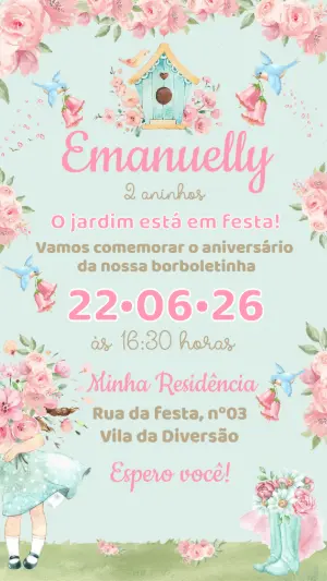 Convite de Aniversário Infantil Jardim dos Pássaros para Editar