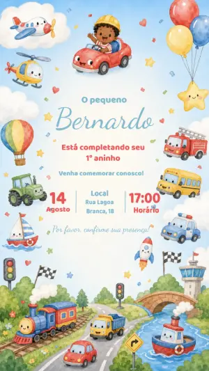 Convite de Aniversário Meios de Transporte Aquarela Editável