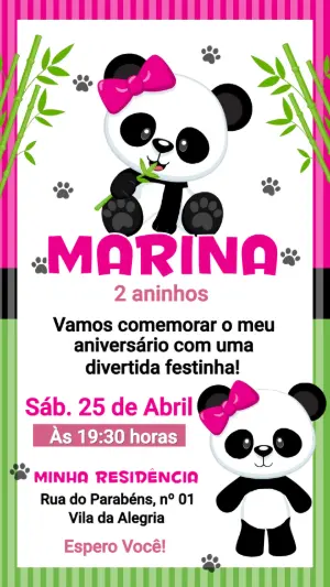 Convite de Aniversário Ursinha Panda Menina Editável