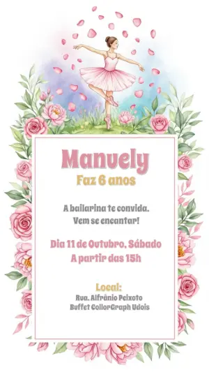 Convite Aniversário Bailarina Delicado para Editar Online