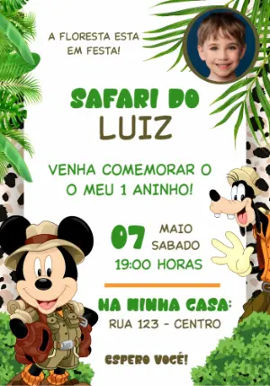 Convite Aniversário Safari Mickey com Foto para Editar Online