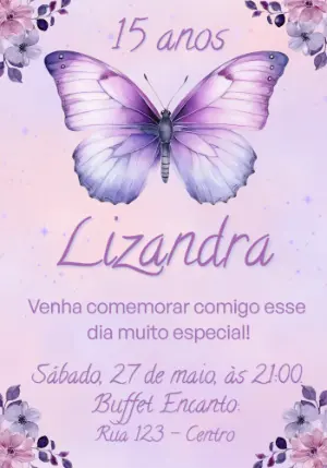 Convite de 15 Anos Borboleta Lilás Aquarela Editável