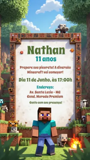 Convite de Aniversário Minecraft com Personagens para Editar