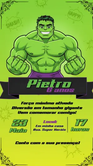 Convite Editável de Aniversário Infantil com Tema do Hulk