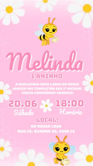 Convite de Aniversário Abelhinha Rosa para Editar