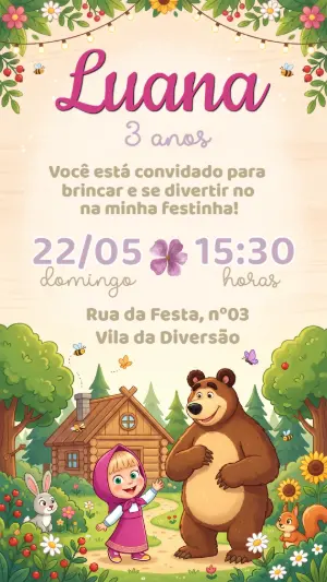 Convite Digital Infantil Masha e o Urso Editável