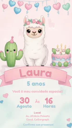 Convite Digital Aniversário Infantil Tema Lhama para Editar