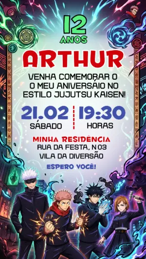 Convite de Aniversário Jujutsu Kaisen Editável para Celular