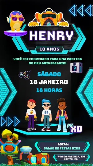 Convite de Aniversário PK XD Gamer Neon para Editar