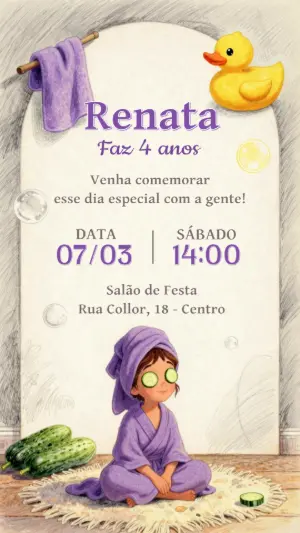 Convite de Aniversário Spa Day Lilás Ilustrado para Editar
