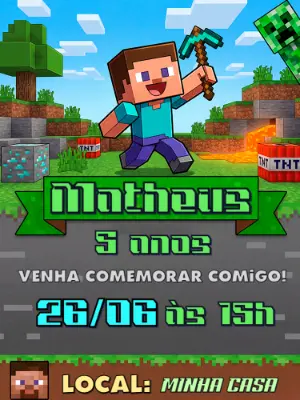 Convite de Aniversário Minecraft Editável com Estilo de Jogo