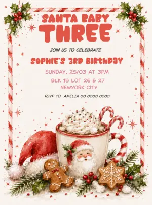 Santa Baby Three: Editable Christmas 3rd Birthday Invitation