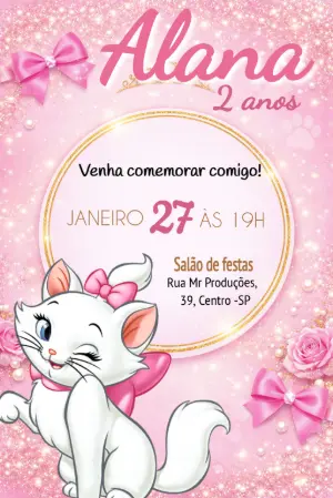 Convite de Aniversário Gatinha Marie Rosa com Glitter Editável