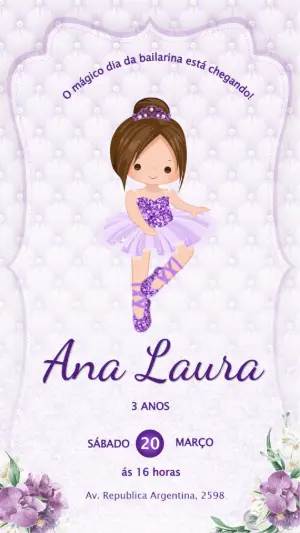 Convite Aniversário Bailarina Lilás para Editar Online