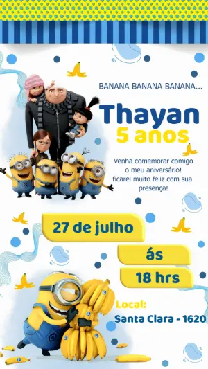 Convite Digital Aniversário Minions Amarelo e Azul Editável