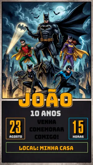 Convite de Aniversário Batman e Bat-Família Editável
