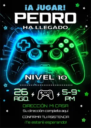 Invitación de Cumpleaños Gamer Neón para Editar y Enviar
