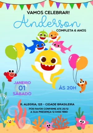 Convite de Aniversário Baby Shark Fundo do Mar Editável