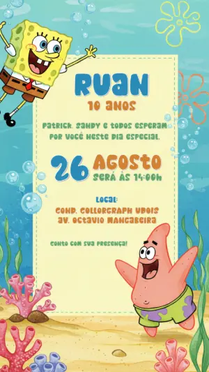 Convite de Aniversário Bob Esponja para Editar Online