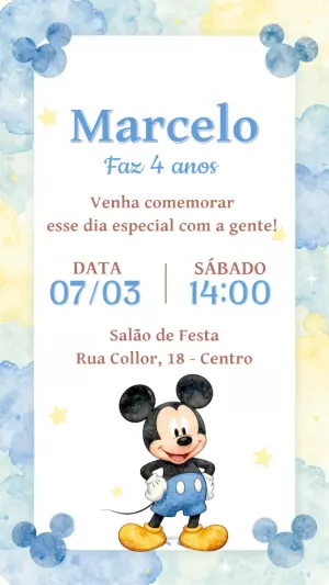 Convite de Aniversário Mickey Aquarela para Editar