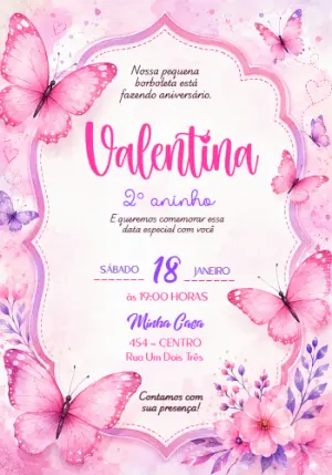 Convite de Aniversário Borboletas Aquarela para Editar