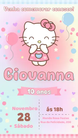 Convite de Aniversário Hello Kitty em Tons Pastel Editável