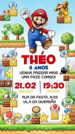 Convite Digital Aniversário Infantil Super Mario para Editar