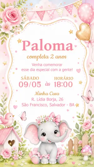 Convite de Aniversário Elefantinha Aquarela Modelo Editável