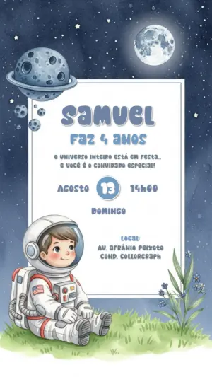 Convite de Aniversário Astronauta Espacial para Editar Online
