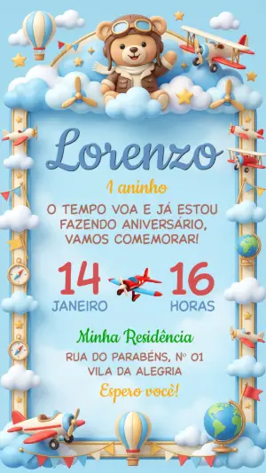 Convite de Aniversário Ursinho Aviador Azul para Editar