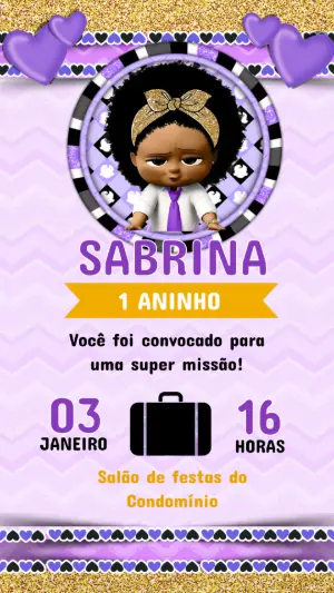 Convite de Aniversário Poderosa Chefinha Roxo e Dourado Editável