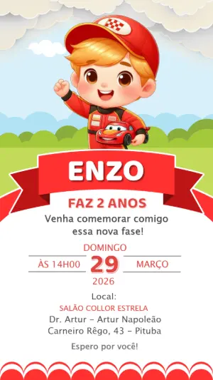 Convite Digital Aniversário Infantil Tema Carros Editável