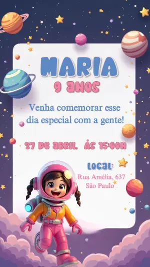 Convite de Aniversário Astronauta Menina para Editar Online