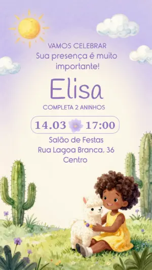 Convite de Aniversário Lhama Fofa Aquarela Editável