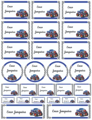 Kit de Etiquetas Escolares Editáveis Tema Carro Monstro Azul