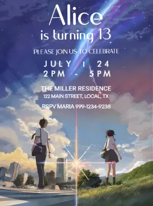 Your Name Inspired Anime Birthday Invitation - Editable Template