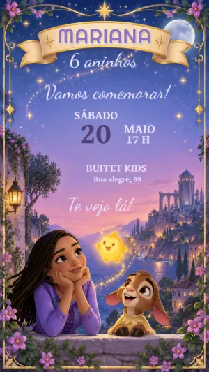 Convite de Aniversário Asha Wish O Poder de Desejar Editável