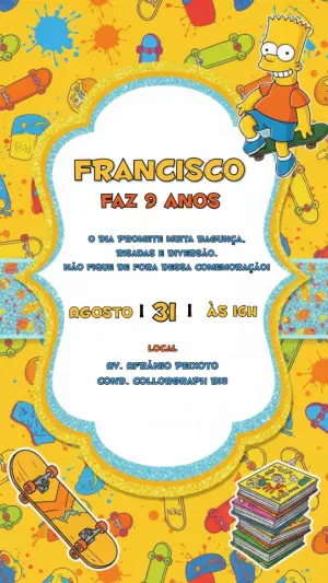 Convite de Aniversário Bart Simpson Skate Modelo Editável