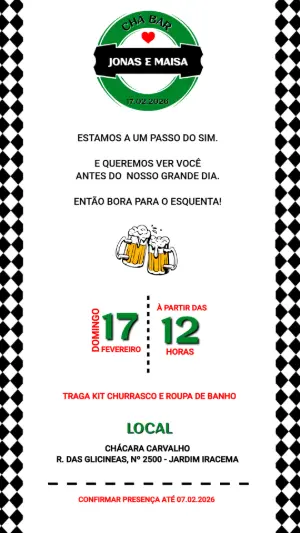 Convite Chá Bar Estilo Cerveja Verde e Preto para Editar