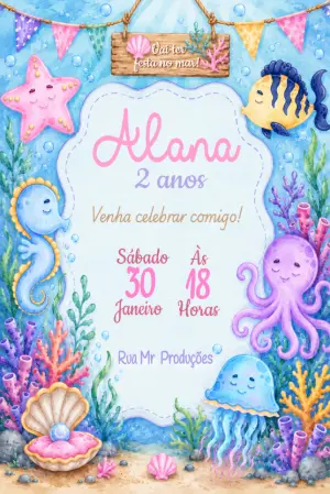 Convite de Aniversário Fundo do Mar Aquarela Editável