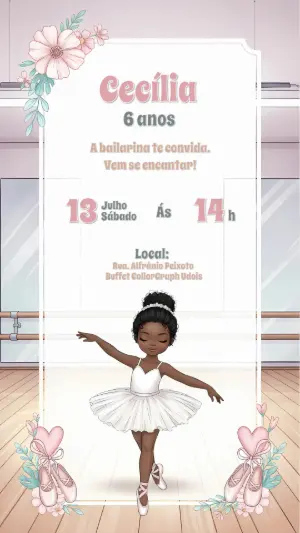Convite de Aniversário Bailarina Negra para Editar Online