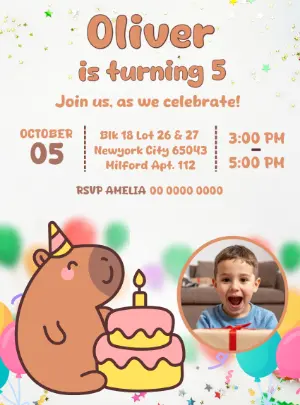 Cute Capybara Birthday Invitation Editable Template with photo