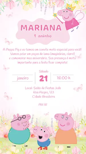 Convite de Aniversário Peppa Pig Fada Rosa Delicado para Editar